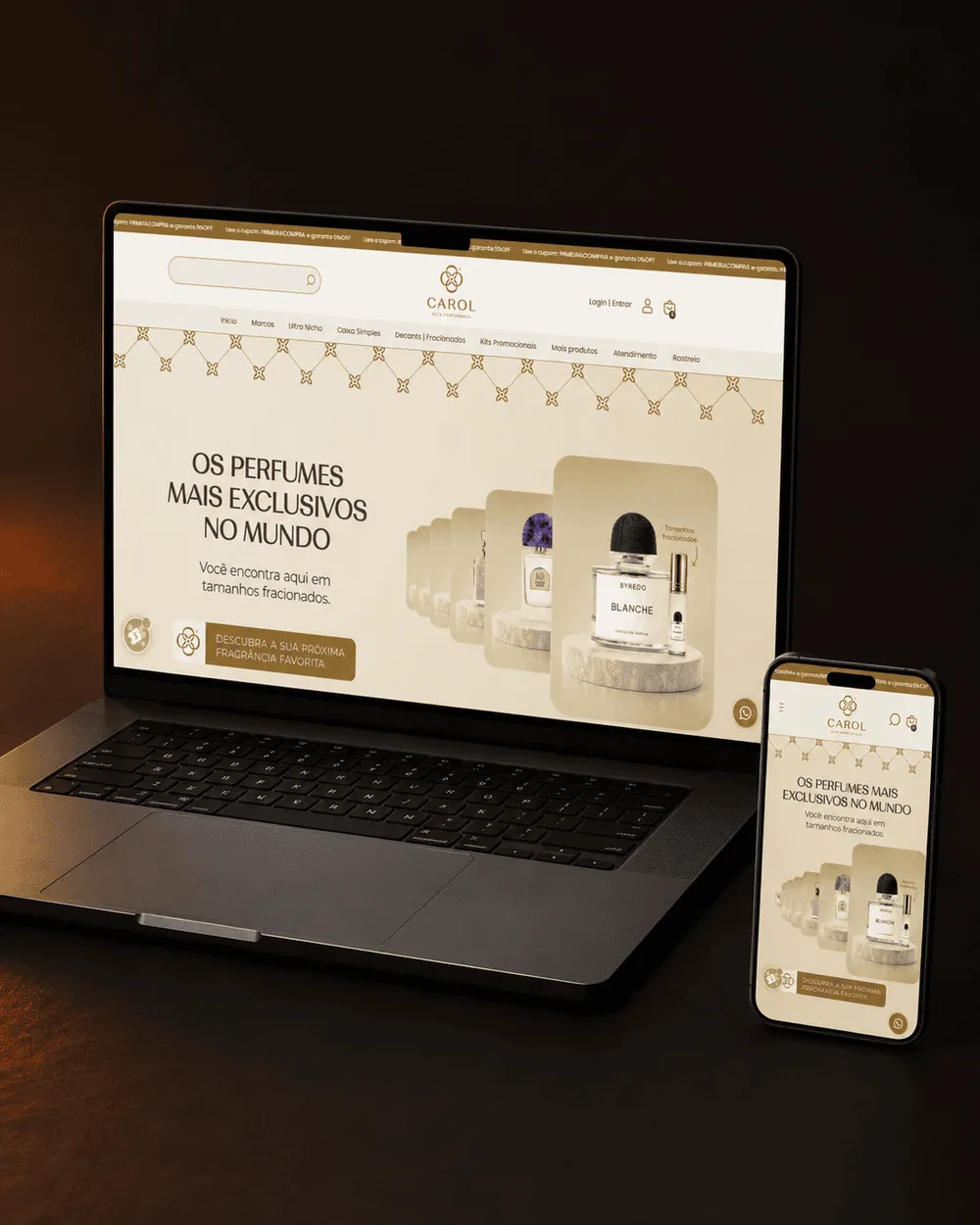 Loja virtual da Carol Importados em notebook e celular, com banner de perfumes importados em tamanhos fracionados.